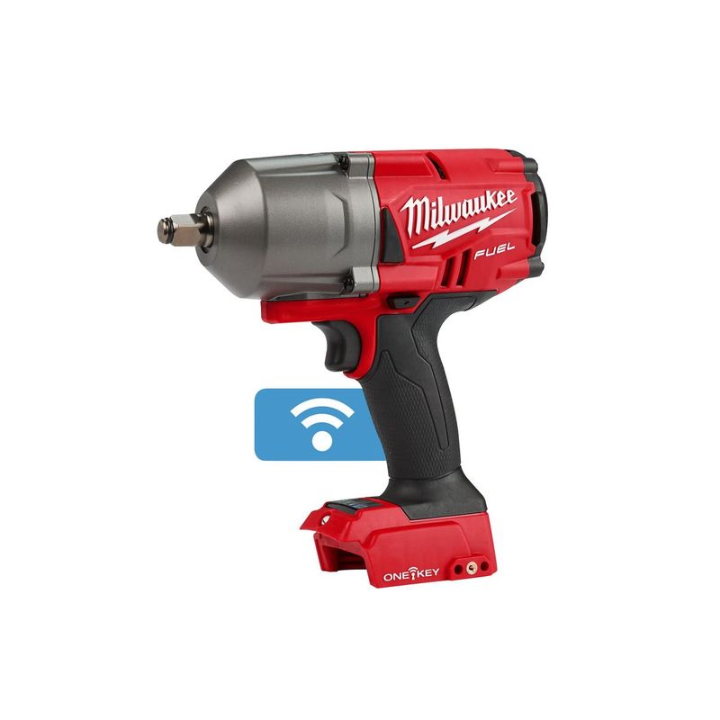 M18ONEFHIWF12-0X Llave de impacto de alto par M18 FUEL™ ONE-KEY™, recepción 1/2" con anillo de fricción, 4 modos, máximo par de apriete 1356Nm, máximo par de desapriete 1898Nm. Se suministra en versión cero, sin baterías ni cargador, en HD-box