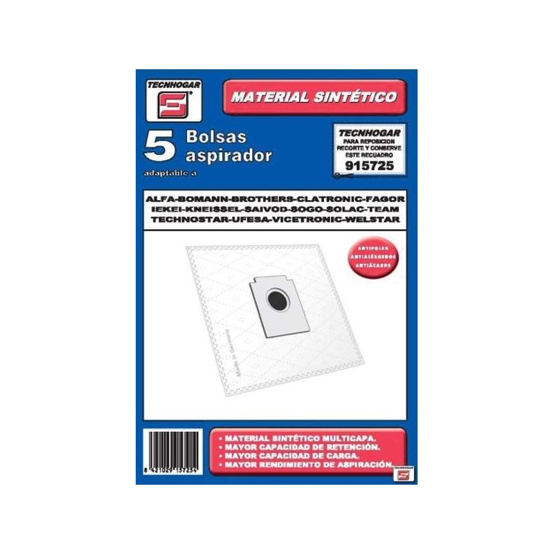 BOLSA ASPIRADOR PAPEL SOLAC-FAGOR-UFESA 915725 THOGAR 5 PZ R