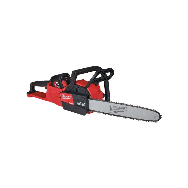 M18FCHS-121 Motosierra M18 FUEL™, barra 40cm (16"), velocidad cadena 12,4m/s, cadena 3/8" bajo perfil. Incluye 80cc de aceite, llave de servicio y funda de espada. Se suministra con 1 batería HIGH OUTPUT™ M18HB12 y cargador rápido M12-18FC